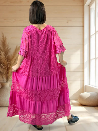 CHAMPAGNE - ROBE LONGUE FUCHSIA EN DENTELLE JUSQU'A LA TAILLE 54