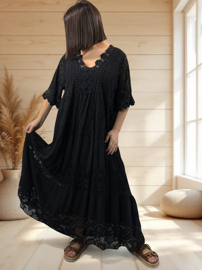 CHAMPAGNE - ROBE LONGUE NOIRE EN DENTELLE JUSQU'A LA TAILLE 54