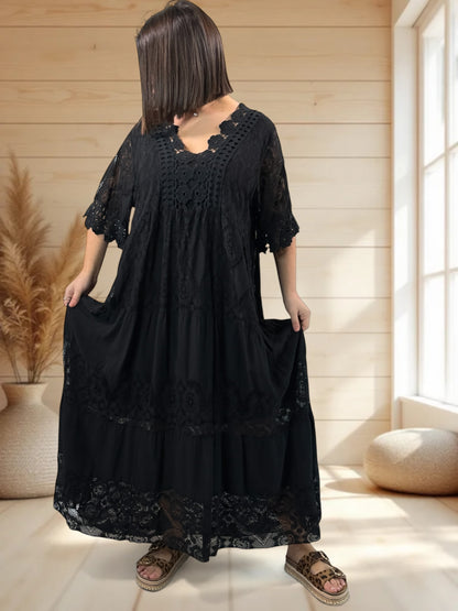 CHAMPAGNE - ROBE LONGUE NOIRE EN DENTELLE JUSQU'A LA TAILLE 54