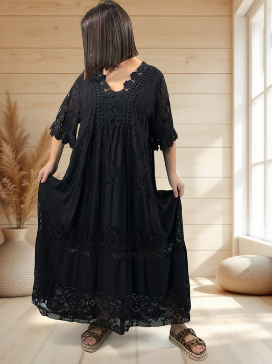 CHAMPAGNE - ROBE LONGUE NOIRE EN DENTELLE JUSQU'A LA TAILLE 54