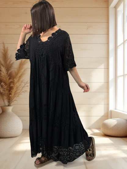 CHAMPAGNE - ROBE LONGUE NOIRE EN DENTELLE JUSQU'A LA TAILLE 54