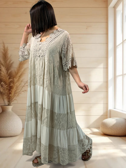 CHAMPAGNE - ROBE LONGUE BEIGE EN DENTELLE JUSQU'A LA TAILLE 54