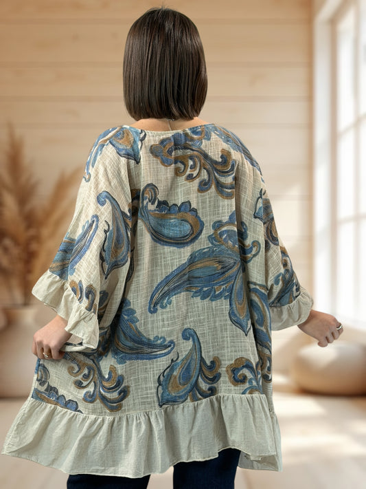 BEA  - TUNIQUE OVERSIZE TAUPE A MOTIF EN COTON JUSQU'A LA TAILLE 58