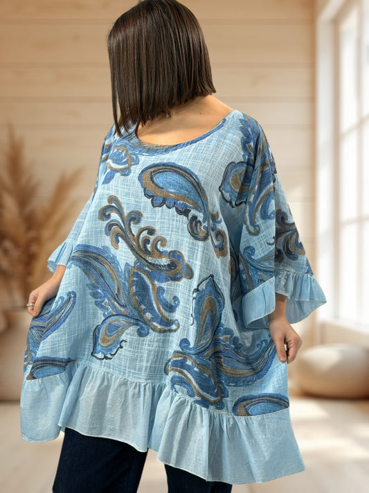 BEA  - TUNIQUE OVERSIZE BLEUE A MOTIF EN COTON JUSQU'A LA TAILLE 58