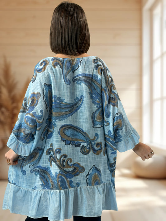 BEA  - TUNIQUE OVERSIZE BLEUE A MOTIF EN COTON JUSQU'A LA TAILLE 58
