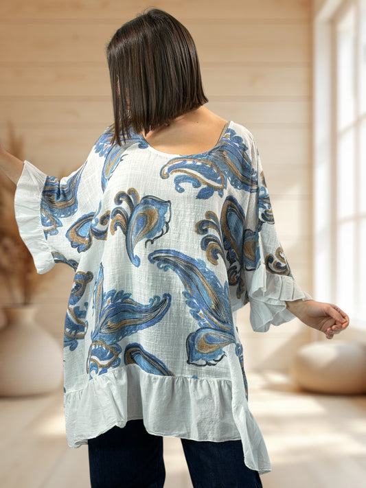 BEA  - TUNIQUE OVERSIZE BLANCHE A MOTIF EN COTON JUSQU'A LA TAILLE 58