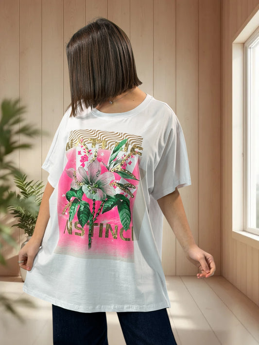 CLARICE - T-SHIRT BLANC A MOTIF AVEC STRASS JUSQU'A LA TAILLE 52/54