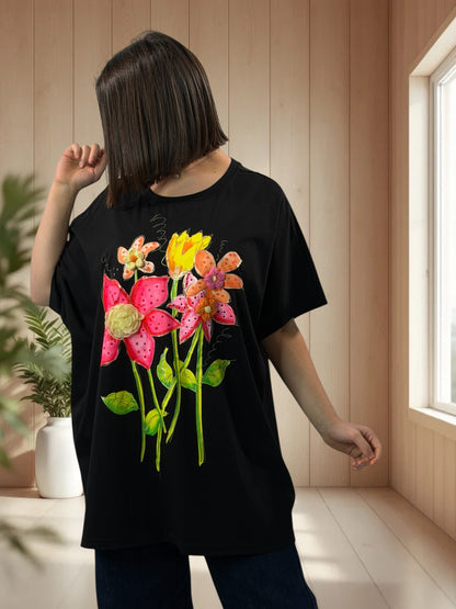 LIVIA - T-SHIRT OVERSIZE NOIR A MOTIF TAILLE JUSQU'A LA TAILLE 46/48 A 56