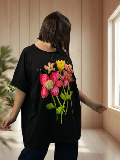 LIVIA - T-SHIRT OVERSIZE NOIR A MOTIF TAILLE JUSQU'A LA TAILLE 46/48 A 56