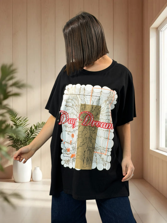 DAYDREAM - T-SHIRT NOIR A MOTIF SCINTILLANT AVEC STRASS JUSQU'A LA TAILLE 52/54