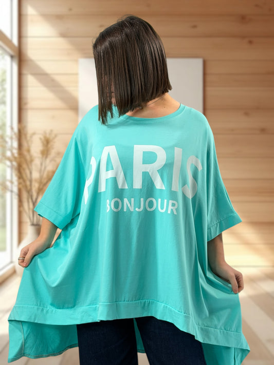 TEE-SHIRT TURQUOISE OVERSIZE PARIS BONJOUR JUSQU'A LA TAILLE 60