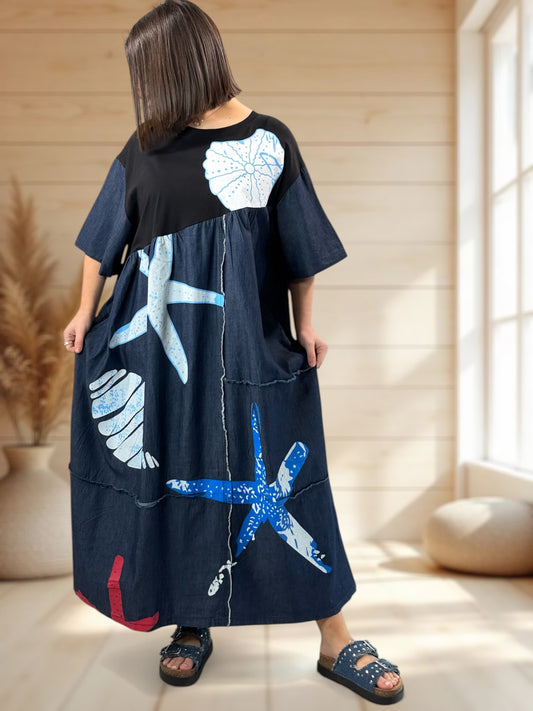 EVELINA - ROBE LONGUE NOIRE A MOTIF JUSQU'A LA TAILLE 54