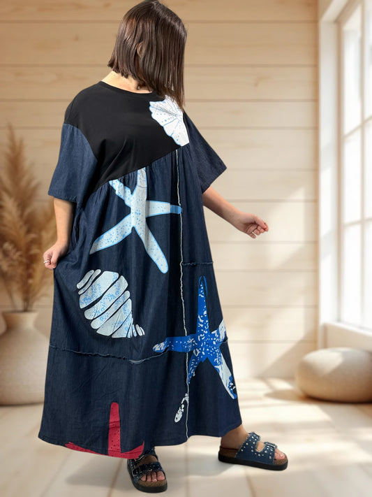 EVELINA - ROBE LONGUE NOIRE A MOTIF JUSQU'A LA TAILLE 54