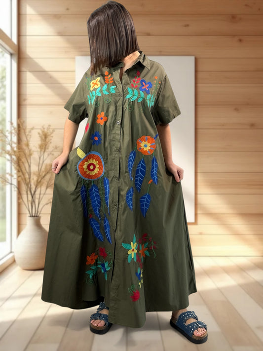 MIRABELLA - ROBE LONGUE KAKI BRODEE JUSQU'A LA TAILLE 48/50