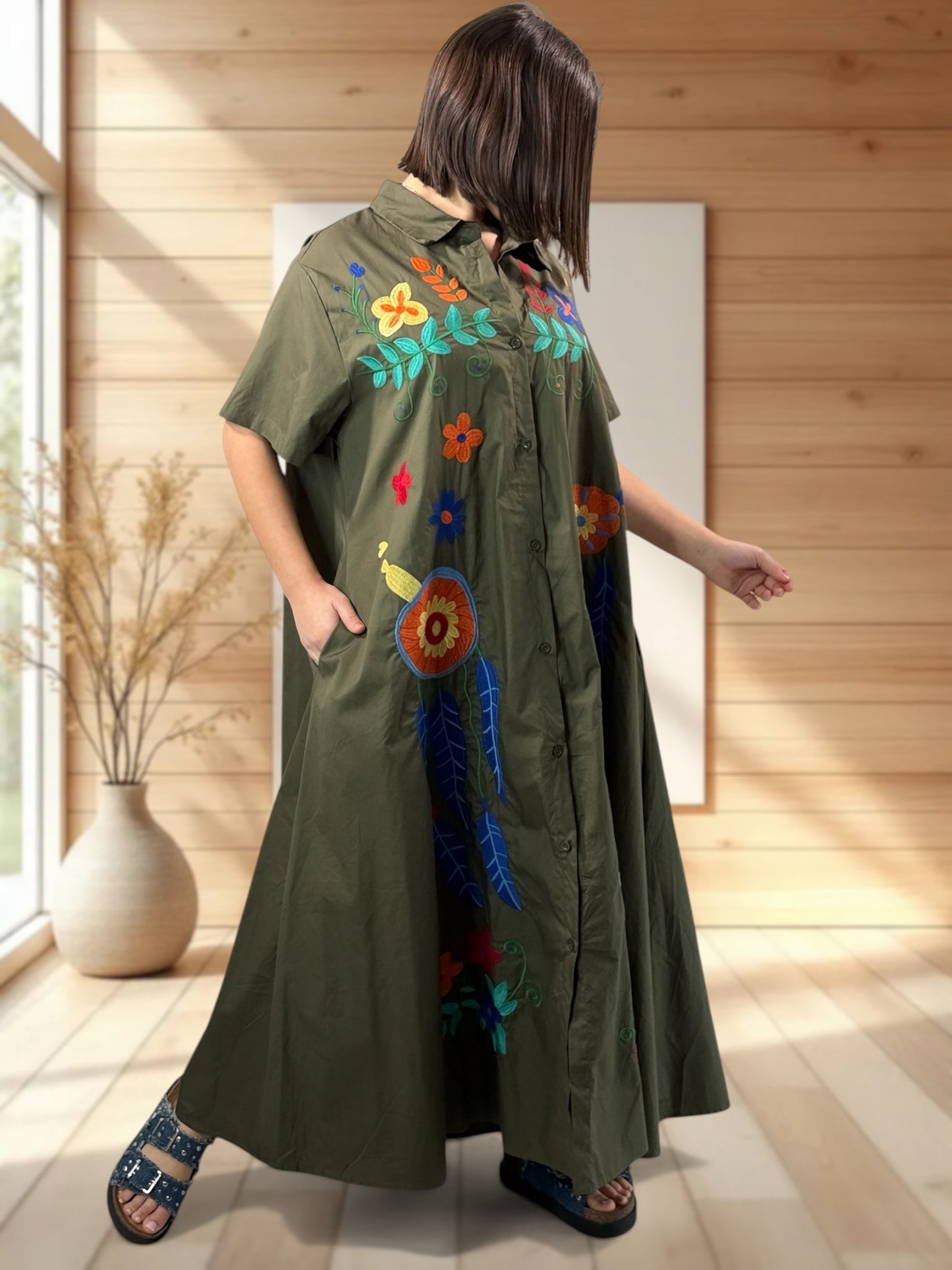 MIRABELLA - ROBE LONGUE KAKI BRODEE JUSQU'A LA TAILLE 48/50