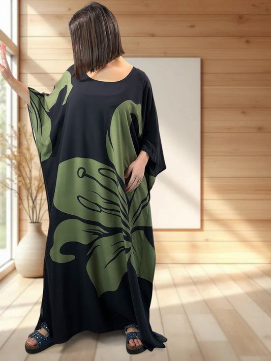 CAMERON - ROBE LONGUE A MOTIF KAKI JUSQU'A LA TAILLE 56/58