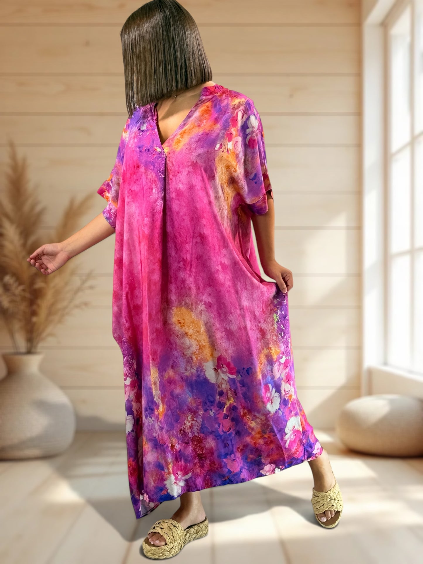 RIVIERA - ROBE OVERSIZE FUCHSIA A MOTIF JUSQU'A LA TAILLE 56