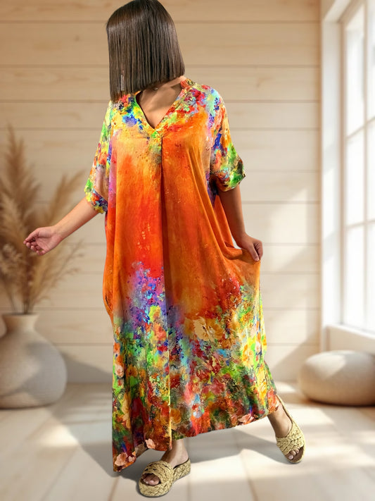 RIVIERA - ROBE OVERSIZE ORANGE A MOTIF JUSQU'A LA TAILLE 56