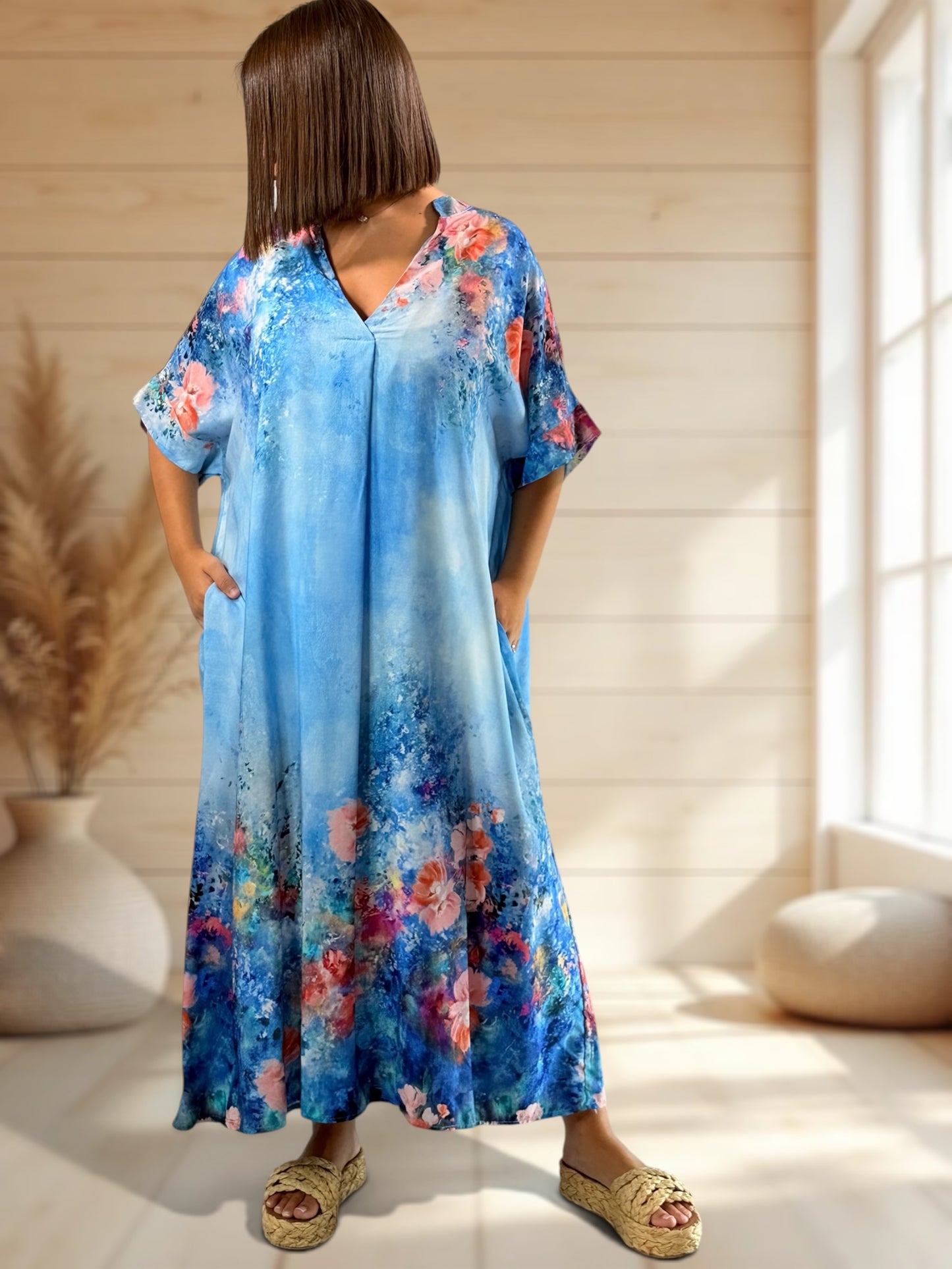RIVIERA - ROBE OVERSIZE BLEUE A MOTIF JUSQU'A LA TAILLE 56