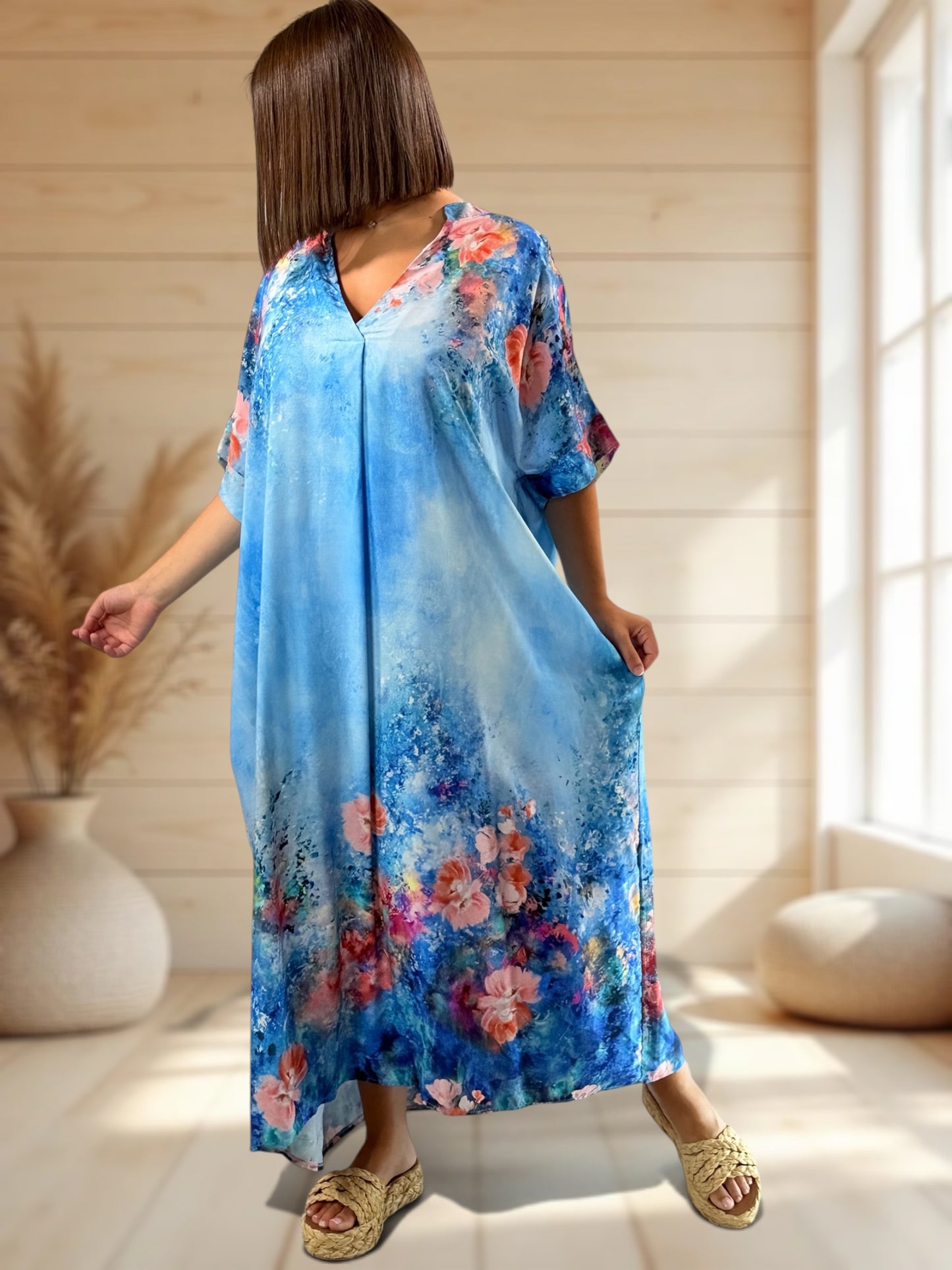 RIVIERA - ROBE OVERSIZE BLEUE A MOTIF JUSQU'A LA TAILLE 56
