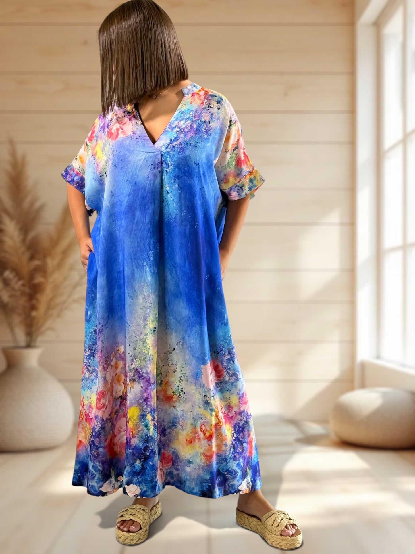 RIVIERA - ROBE OVERSIZE BLEUE A MOTIF JUSQU'A LA TAILLE 56