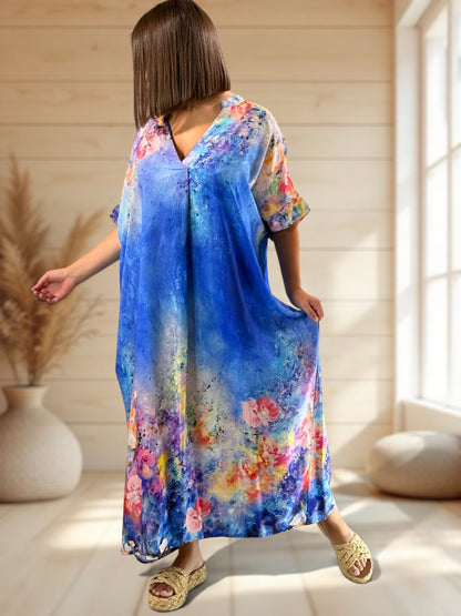 RIVIERA - ROBE OVERSIZE BLEUE A MOTIF JUSQU'A LA TAILLE 56
