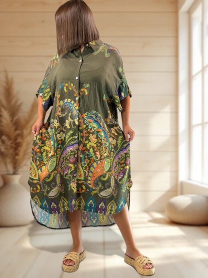 VICTORINE - ROBE OVERSIZE KAKI A MOTIF JUSQU'A LA TAILLE 54/56