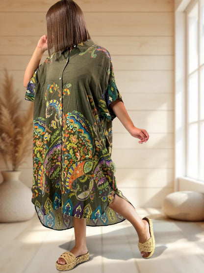 VICTORINE - ROBE OVERSIZE KAKI A MOTIF JUSQU'A LA TAILLE 54/56