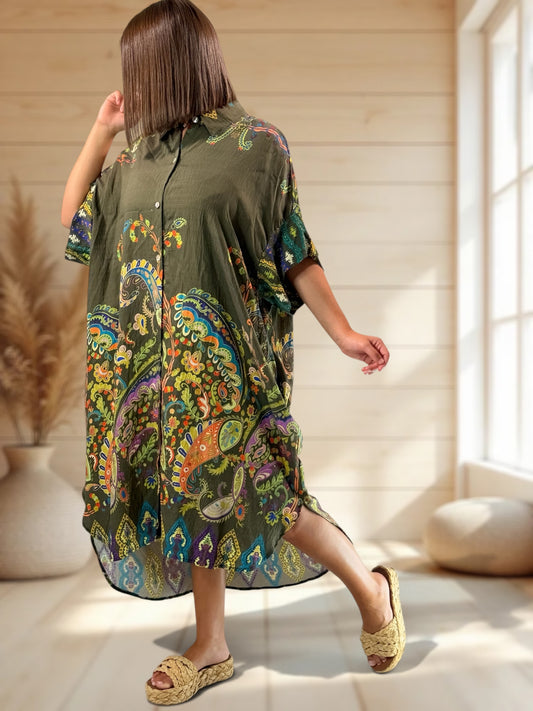 VICTORINE - ROBE OVERSIZE KAKI A MOTIF JUSQU'A LA TAILLE 54/56