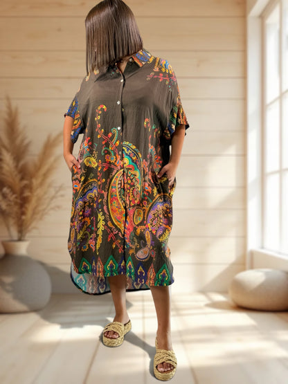 VICTORINE - ROBE OVERSIZE MARRON A MOTIF JUSQU'A LA TAILLE 54/56