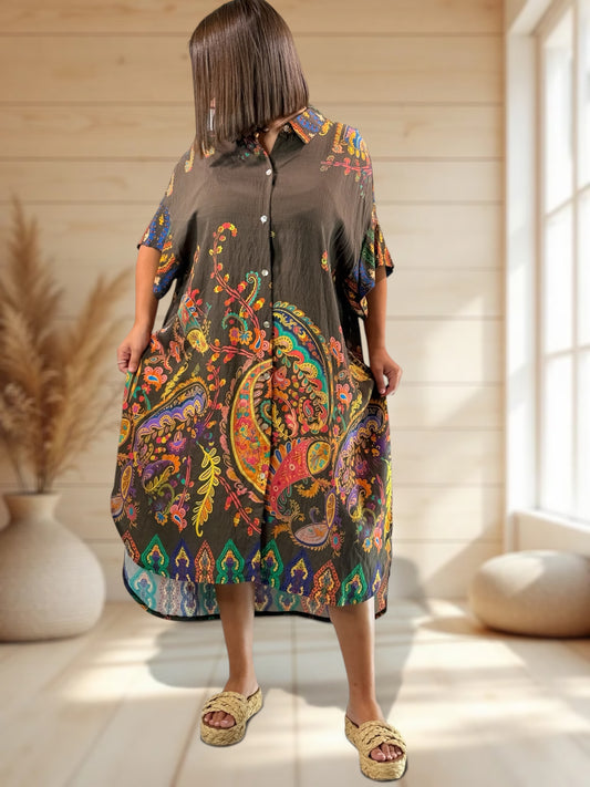 VICTORINE - ROBE OVERSIZE MARRON A MOTIF JUSQU'A LA TAILLE 54/56