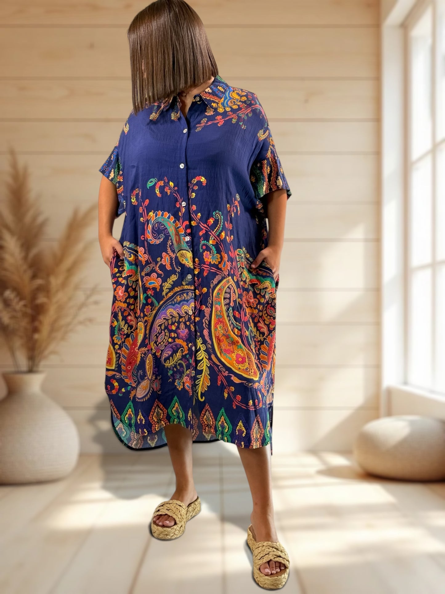 VICTORINE - ROBE OVERSIZE MARINE A MOTIF JUSQU'A LA TAILLE 54/56