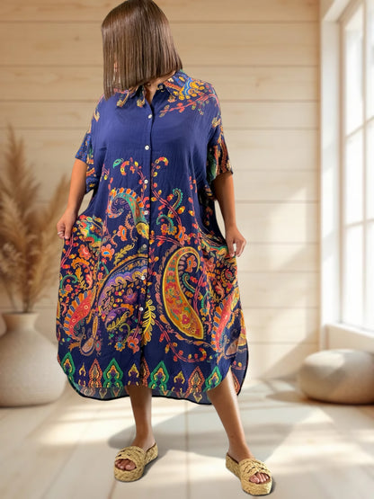 VICTORINE - ROBE OVERSIZE MARINE A MOTIF JUSQU'A LA TAILLE 54/56