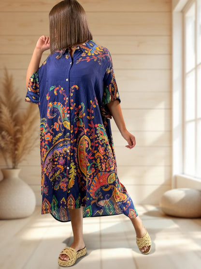 VICTORINE - ROBE OVERSIZE MARINE A MOTIF JUSQU'A LA TAILLE 54/56