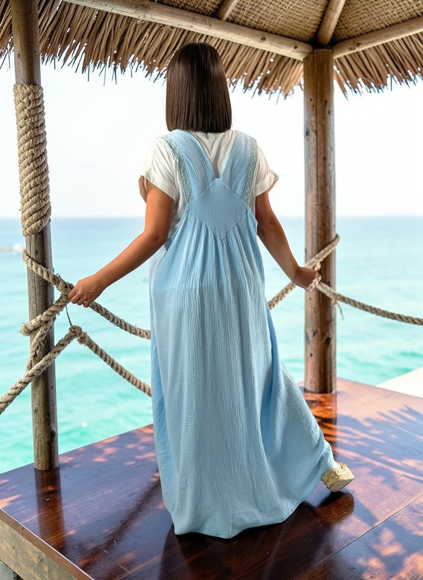 ANNALISA - ROBE TABLIER BLEUE JUSQU'A LA TAILLE 50/52