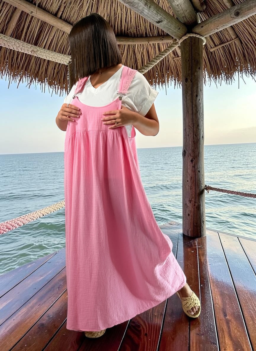 ANNALISA - ROBE TABLIER ROSE JUSQU'A LA TAILLE 50/52