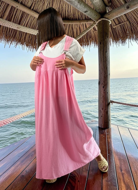 ANNALISA - ROBE TABLIER ROSE JUSQU'A LA TAILLE 50/52