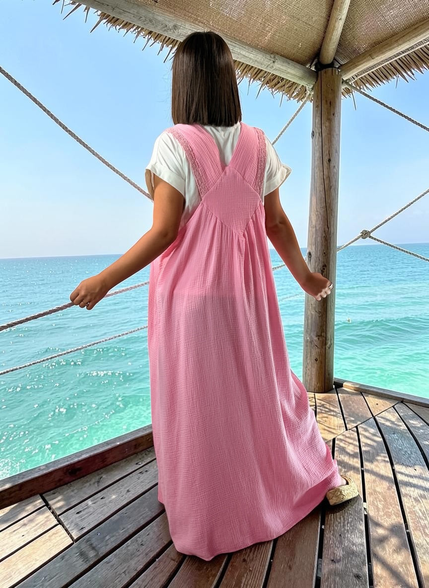 ANNALISA - ROBE TABLIER ROSE JUSQU'A LA TAILLE 50/52