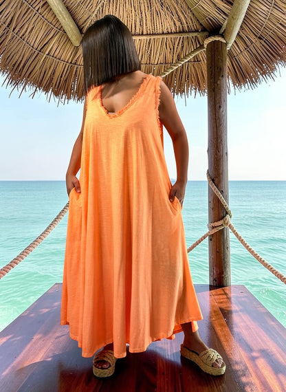 MARISOL - ROBE AMPLE ORANGE EN COTON JUSQU'A LA TAILLE 54