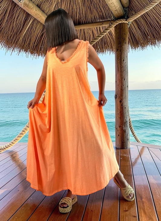 MARISOL - ROBE AMPLE ORANGE EN COTON JUSQU'A LA TAILLE 54