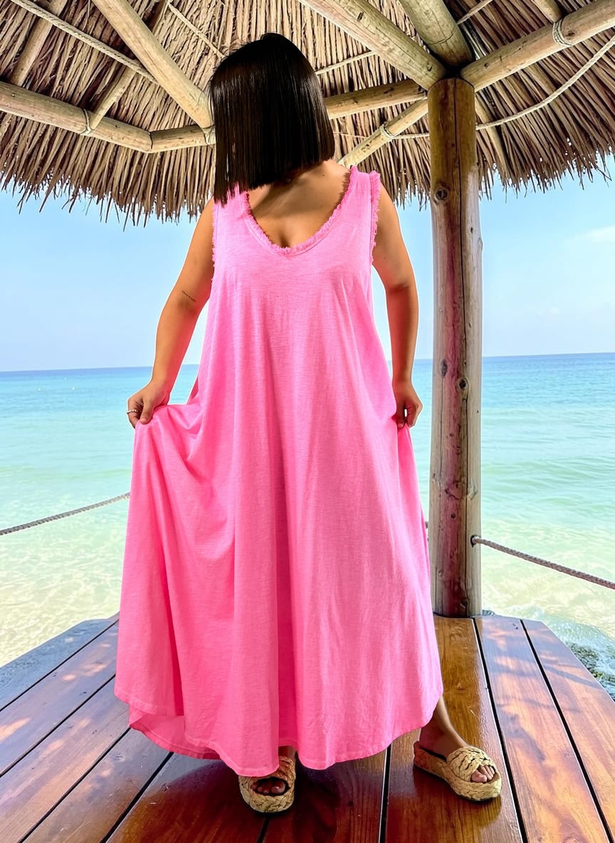 MARISOL - ROBE AMPLE FUCHSIA EN COTON  JUSQU'A LA TAILLE 54