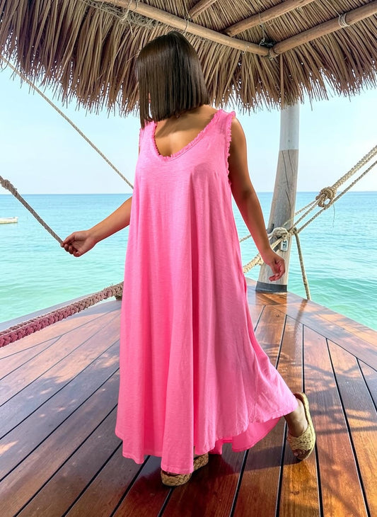 MARISOL - ROBE AMPLE FUCHSIA EN COTON  JUSQU'A LA TAILLE 54