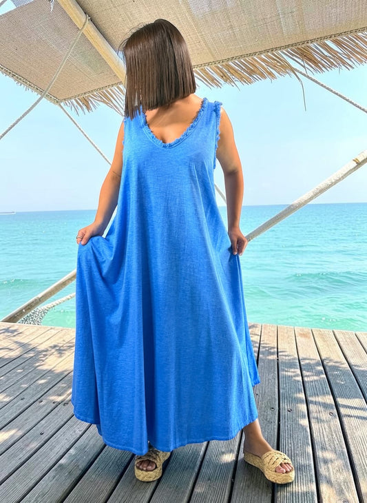 MARISOL - ROBE AMPLE BLEUE EN COTON JUSQU'A LA TAILLE 54