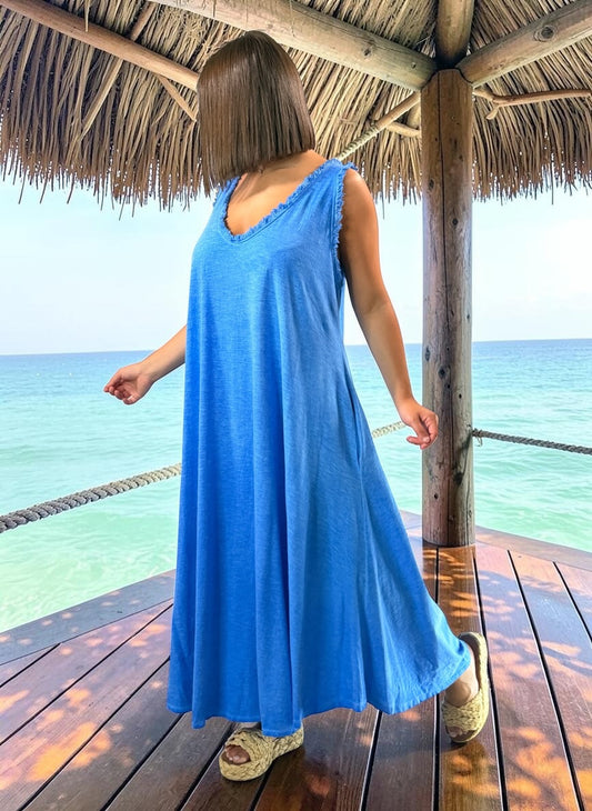 MARISOL - ROBE AMPLE BLEUE EN COTON JUSQU'A LA TAILLE 54