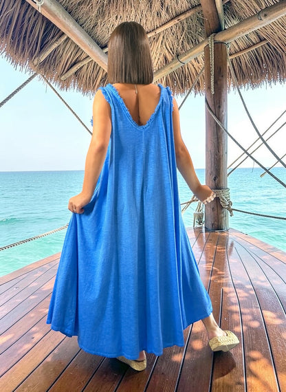 MARISOL - ROBE AMPLE BLEUE EN COTON JUSQU'A LA TAILLE 54