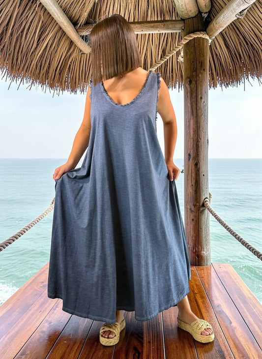 MARISOL - ROBE AMPLE BLEU JEAN EN COTON JUSQU'A LA TAILLE 54