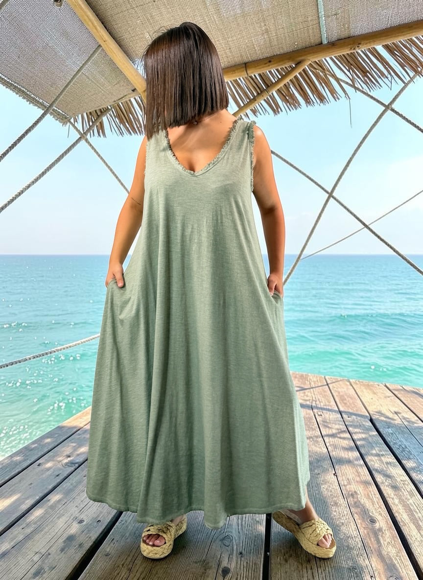 MARISOL - ROBE AMPLE KAKI EN COTON JUSQU'A LA TAILLE 54