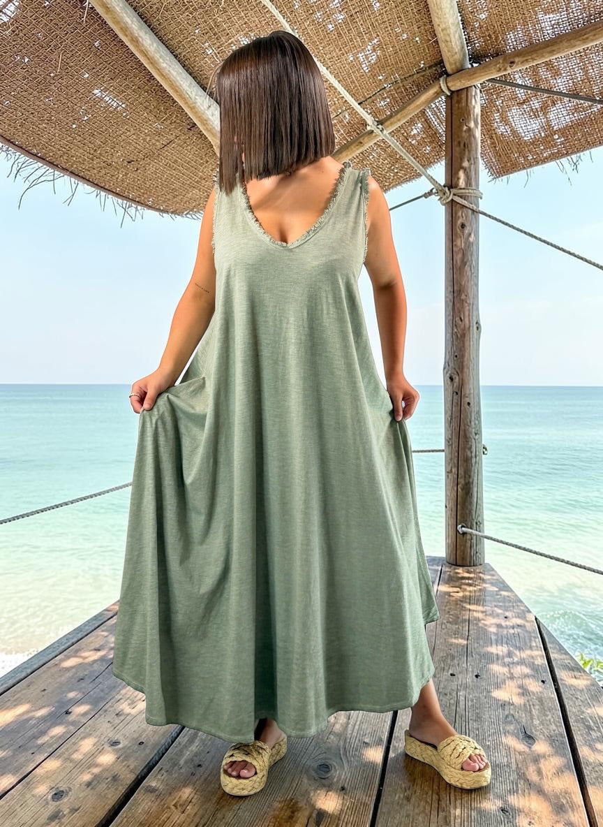 MARISOL - ROBE AMPLE KAKI EN COTON JUSQU'A LA TAILLE 54