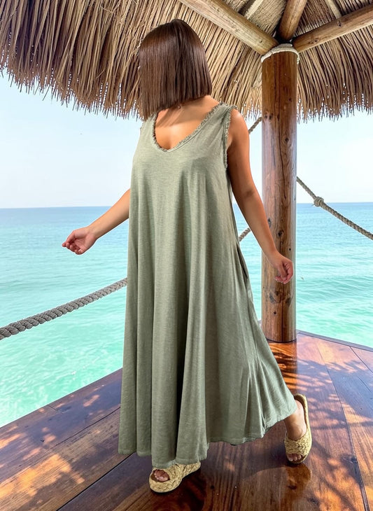 MARISOL - ROBE AMPLE KAKI EN COTON JUSQU'A LA TAILLE 54