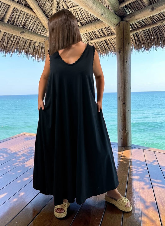 MARISOL - ROBE AMPLE NOIRE EN COTON JUSQU'A LA TAILLE 54